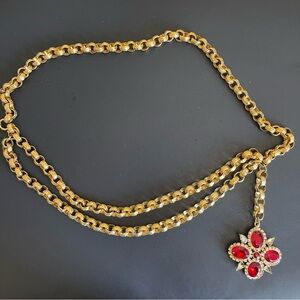 Vintage Accessocaraft NYC chunky gold tone link chain belt with rhinestone charm